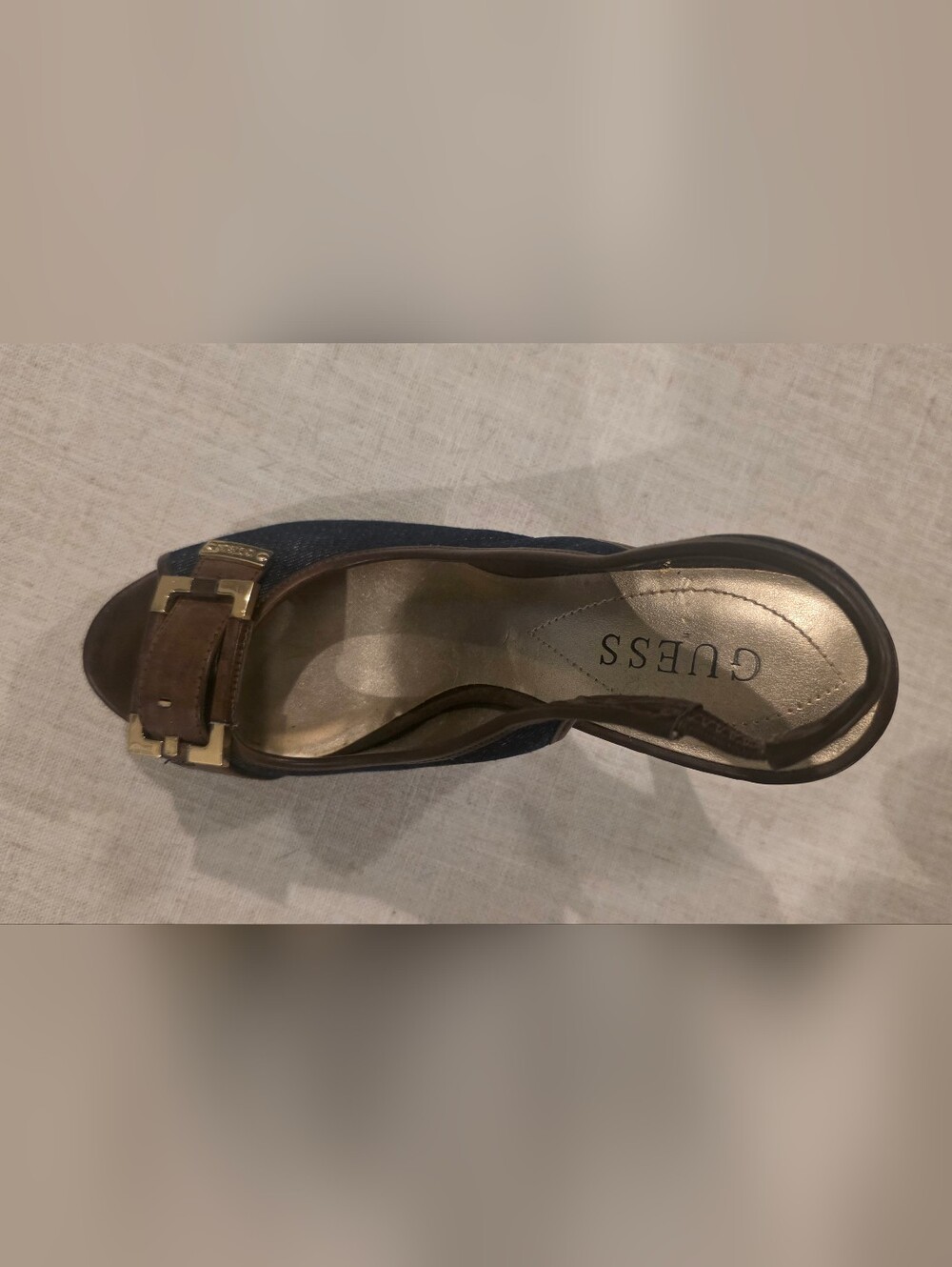 GUESS Brown & Navy Peep-Toe Slingback Heels with Gold Buckle - Picture 5 of 6